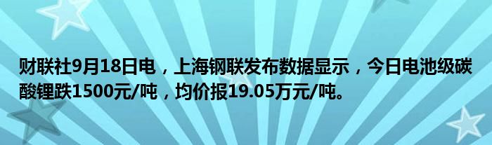 财联社9月18日电,上海钢联发布数据显示,今日电池级碳酸锂跌1500元/吨,均价报19.05万元/吨。
