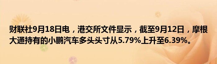 财联社9月18日电,港交所文件显示,截至9月12日,摩根大通持有的小鹏汽车多头头寸从5.79%上升至6.39%。