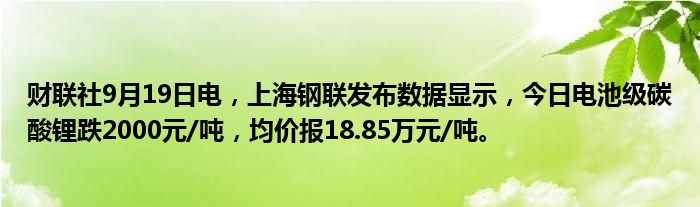 财联社9月19日电,上海钢联发布数据显示,今日电池级碳酸锂跌2000元/吨,均价报18.85万元/吨。