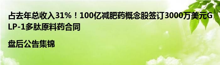 占去年总收入31%!100亿减肥药概念股签订3000万美元GLP-1多肽原料药合同|盘后公告集锦