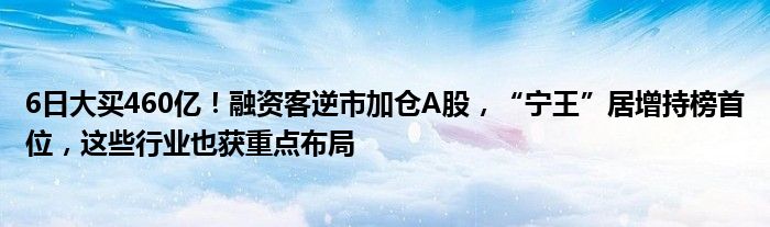 6日大买460亿!融资客逆市加仓A股,“宁王”居增持榜首位,这些行业也获重点布局