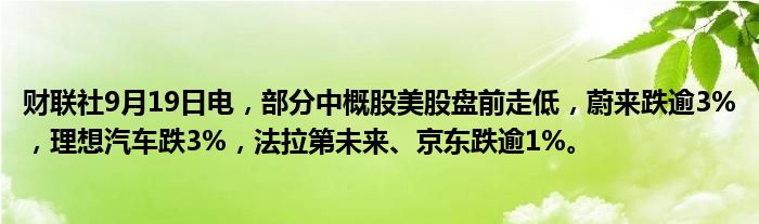 财联社9月19日电,部分中概股美股盘前走低,蔚来跌逾3%,理想汽车跌3%,法拉第未来、京东跌逾1%。