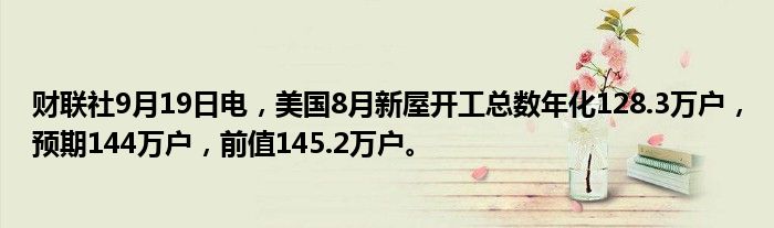 财联社9月19日电,美国8月新屋开工总数年化128.3万户,预期144万户,前值145.2万户。