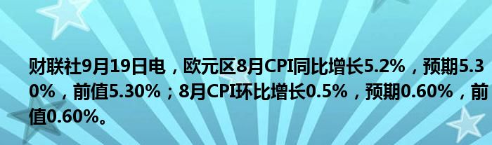 财联社9月19日电,欧元区8月CPI同比增长5.2%,预期5.30%,前值5.30%;8月CPI环比增长0.5%,预期0.60%,前值0.60%。