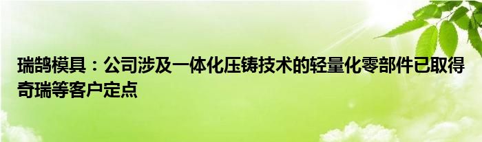 瑞鹄模具:公司涉及一体化压铸技术的轻量化零部件已取得奇瑞等客户定点