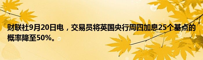 财联社9月20日电,交易员将英国央行周四加息25个基点的概率降至50%。