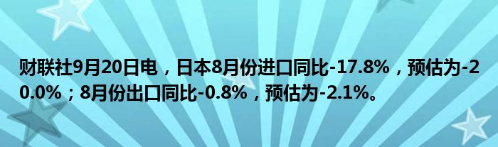 财联社9月20日电,日本8月份进口同比-17.8%,预估为-20.0%;8月份出口同比-0.8%,预估为-2.1%。