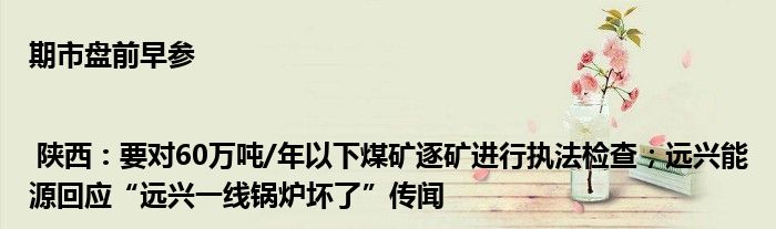 期市盘前早参 | 陕西:要对60万吨/年以下煤矿逐矿进行执法检查;远兴能源回应“远兴一线锅炉坏了”传闻