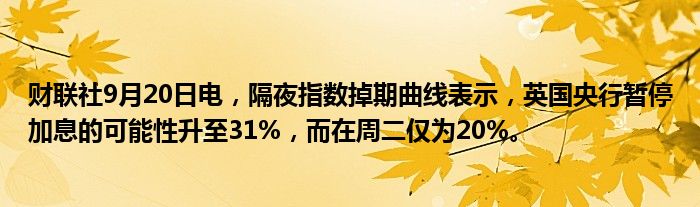 财联社9月20日电,隔夜指数掉期曲线表示,英国央行暂停加息的可能性升至31%,而在周二仅为20%。