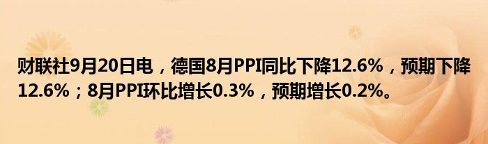 财联社9月20日电,德国8月PPI同比下降12.6%,预期下降12.6%;8月PPI环比增长0.3%,预期增长0.2%。