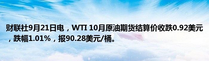 财联社9月21日电,WTI 10月原油期货结算价收跌0.92美元,跌幅1.01%,报90.28美元/桶。