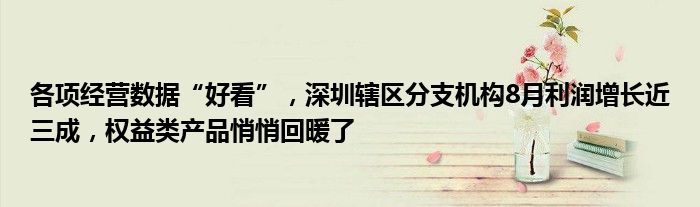 各项经营数据“好看”,深圳辖区分支机构8月利润增长近三成,权益类产品悄悄回暖了