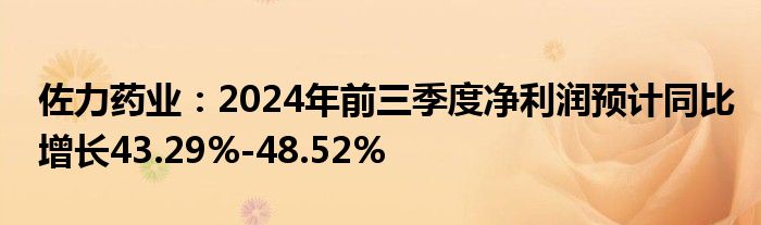 佐力药业:2024年前三季度净利润预计同比增长43.29%-48.52%