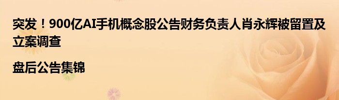 突发!900亿AI手机概念股公告财务负责人肖永辉被留置及立案调查|盘后公告集锦
