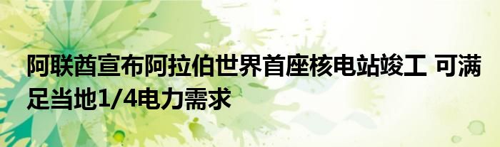 阿联酋宣布阿拉伯世界首座核电站竣工 可满足当地1/4电力需求