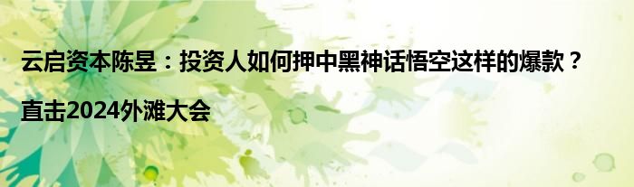 云启资本陈昱:投资人如何押中黑神话悟空这样的爆款?|直击2024外滩大会