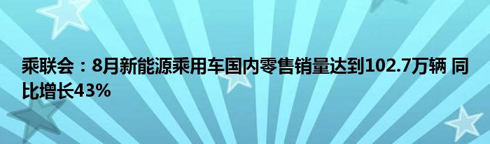 乘联会:8月新能源乘用车国内零售销量达到102.7万辆 同比增长43%