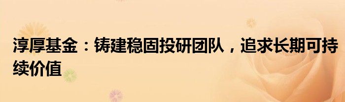 淳厚基金:铸建稳固投研团队,追求长期可持续价值