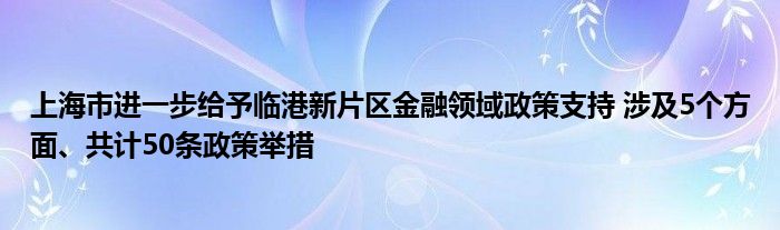 上海市进一步给予临港新片区金融领域政策支持 涉及5个方面、共计50条政策举措