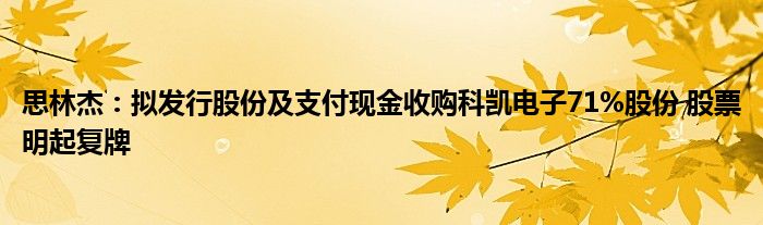 思林杰:拟发行股份及支付现金收购科凯电子71%股份 股票明起复牌