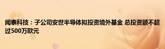 闻泰科技:子公司安世半导体拟投资境外基金 总投资额不超过500万欧元