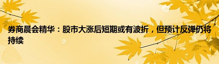 券商晨会精华:股市大涨后短期或有波折,但预计反弹仍将持续