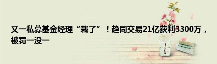 又一私募基金经理“栽了”!趋同交易21亿获利3300万,被罚一没一