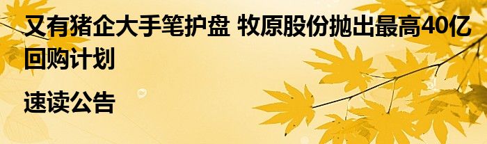 又有猪企大手笔护盘 牧原股份抛出最高40亿回购计划|速读公告