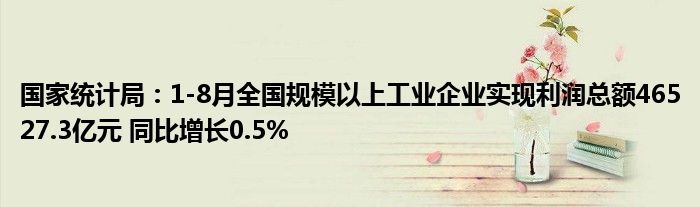 国家统计局:1-8月全国规模以上工业企业实现利润总额46527.3亿元 同比增长0.5%
