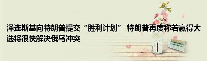 泽连斯基向特朗普提交“胜利计划” 特朗普再度称若赢得大选将很快解决俄乌冲突