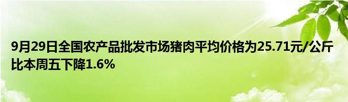 9月29日全国农产品批发市场猪肉平均价格为25.71元/公斤 比本周五下降1.6%