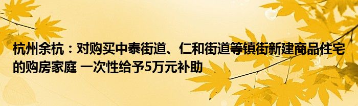 杭州余杭:对购买中泰街道、仁和街道等镇街新建商品住宅的购房家庭 一次性给予5万元补助