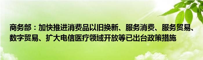 商务部:加快推进消费品以旧换新、服务消费、服务贸易、数字贸易、扩大电信医疗领域开放等已出台政策措施