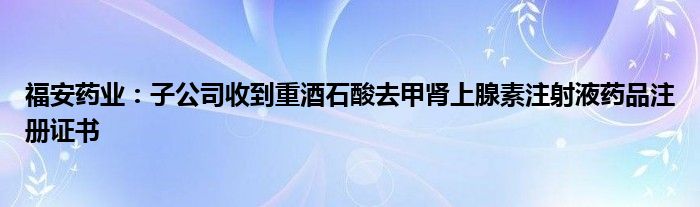 福安药业:子公司收到重酒石酸去甲肾上腺素注射液药品注册证书