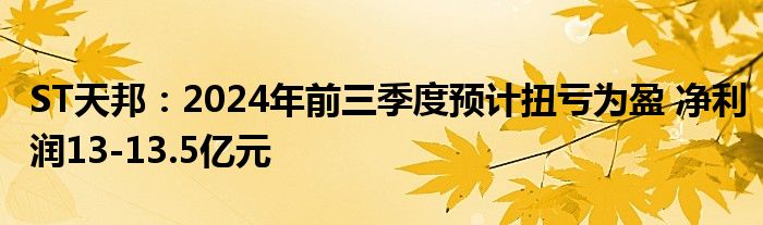 ST天邦:2024年前三季度预计扭亏为盈 净利润13-13.5亿元