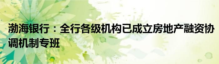渤海银行:全行各级机构已成立房地产融资协调机制专班