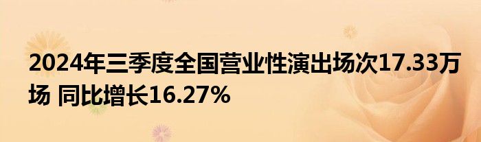 2024年三季度全国营业性演出场次17.33万场 同比增长16.27%