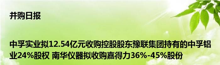 并购日报|中孚实业拟12.54亿元收购控股股东豫联集团持有的中孚铝业24%股权 南华仪器拟收购嘉得力36%-45%股份