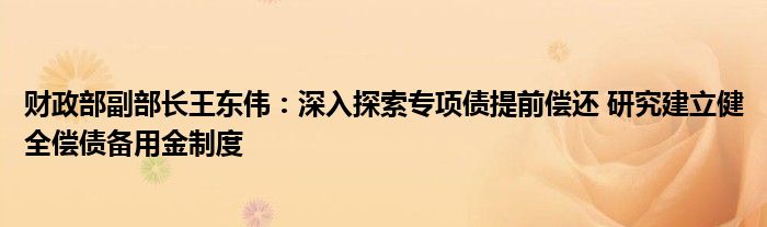 财政部副部长王东伟:深入探索专项债提前偿还 研究建立健全偿债备用金制度