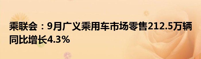 乘联会:9月广义乘用车市场零售212.5万辆 同比增长4.3%