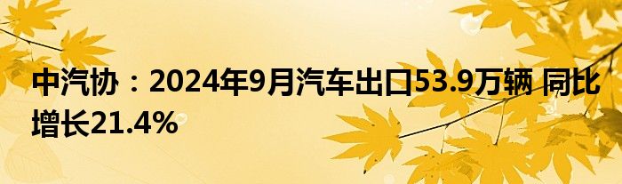 中汽协：2024年9月汽车出口53.9万辆 同比增长21.4%