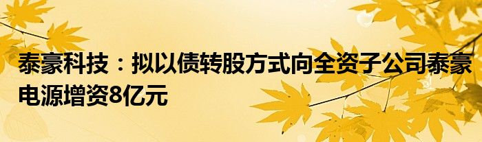 泰豪科技:拟以债转股方式向全资子公司泰豪电源增资8亿元