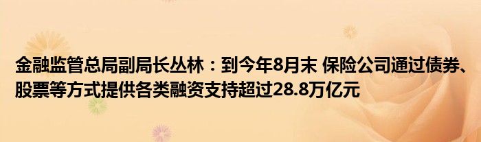 金融监管总局副局长丛林:到今年8月末 保险公司通过债券、股票等方式提供各类融资支持超过28.8万亿元