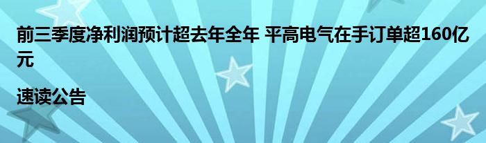 前三季度净利润预计超去年全年 平高电气在手订单超160亿元|速读公告