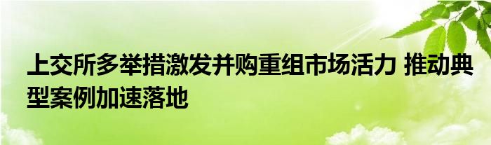 上交所多举措激发并购重组市场活力 推动典型案例加速落地