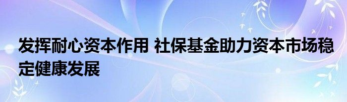 发挥耐心资本作用 社保基金助力资本市场稳定健康发展