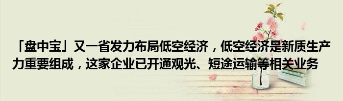 「盘中宝」又一省发力布局低空经济,低空经济是新质生产力重要组成,这家企业已开通观光、短途运输等相关业务