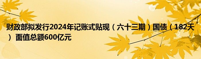 财政部拟发行2024年记账式贴现(六十三期)国债(182天) 面值总额600亿元
