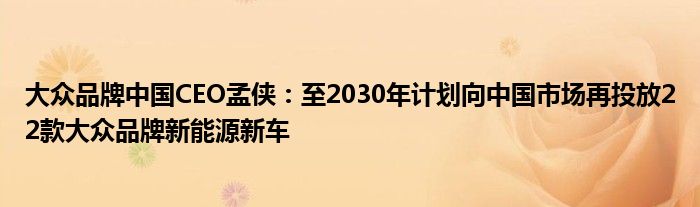 大众品牌中国CEO孟侠:至2030年计划向中国市场再投放22款大众品牌新能源新车