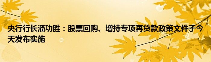央行行长潘功胜:股票回购、增持专项再贷款政策文件于今天发布实施